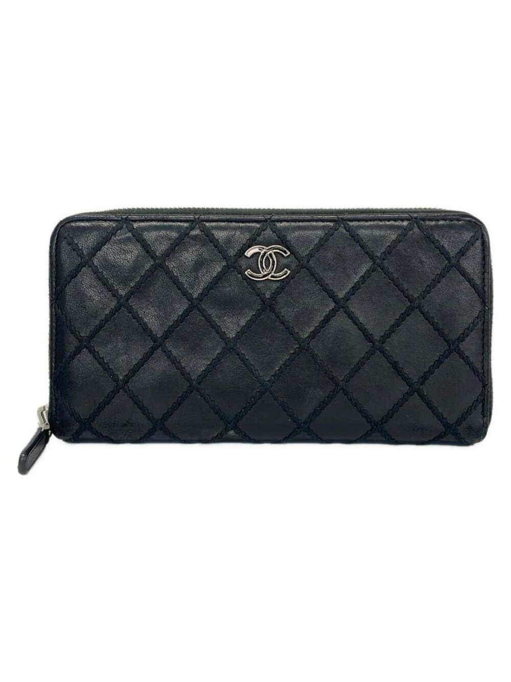 Chanel Wallet Wild Stitch Black Zip Around Silver Leather